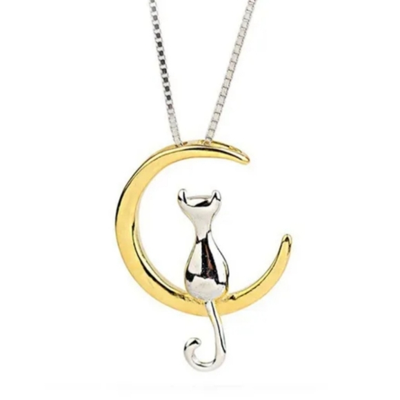 New Cat On Silver or Gold Crescent Moon Necklace - Picture 2 of 5